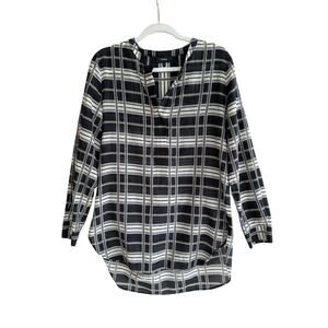 Theory Silk Tunic Blouse Sheer Black White Plaid Size Medium